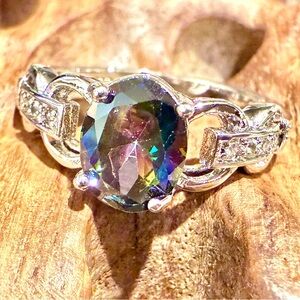 Mystic Topaz Stone Sterling Silver 925 Ring with Clear Stones Size 9